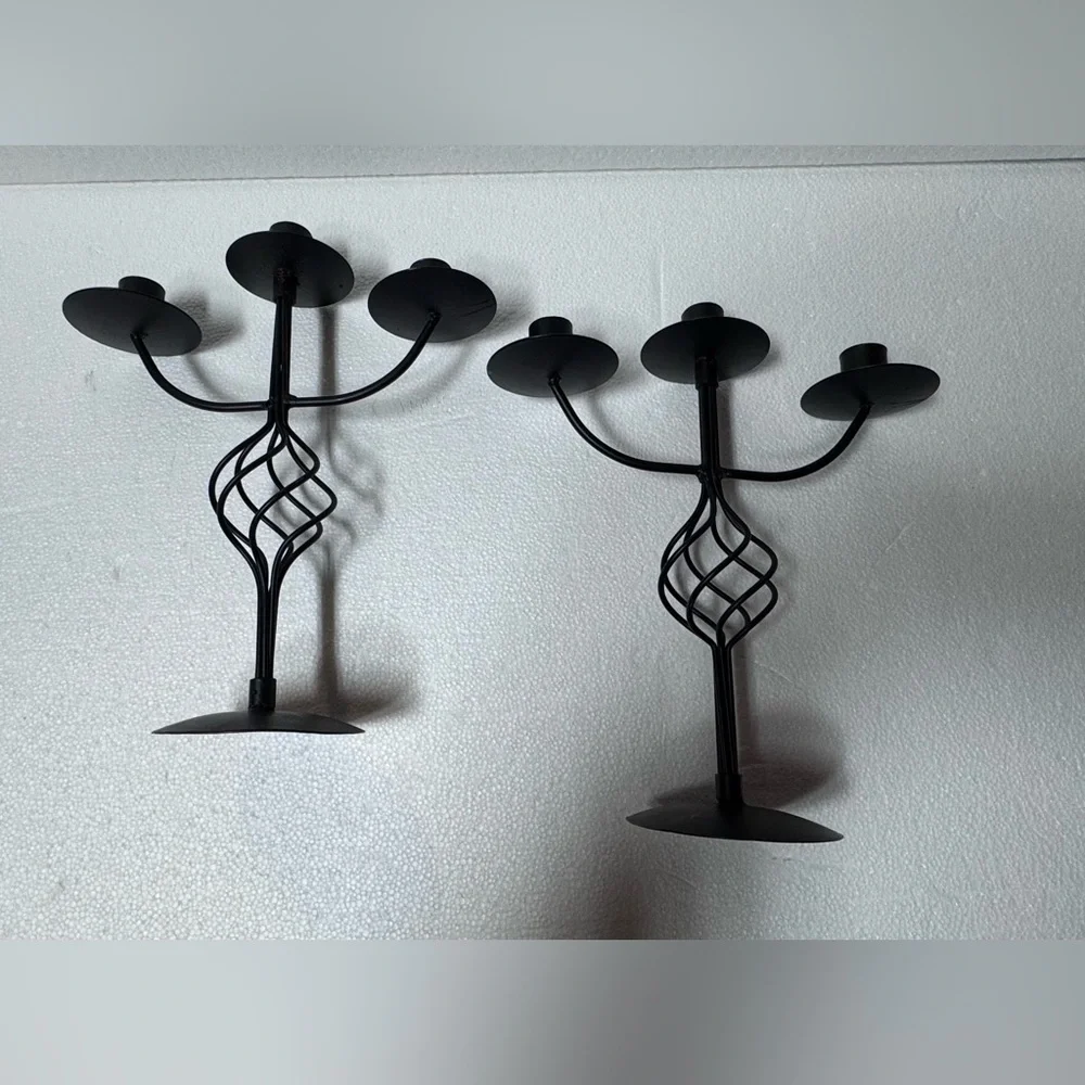 Elegant Black Metal 3-arm  Candelabra Set